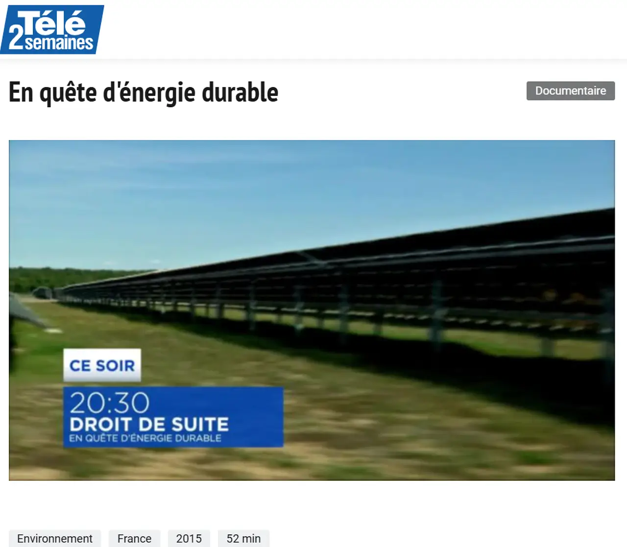 Le documentaire "En quête d'énergie d'énergie durable de Sonia Henry sur Télé 2 semaines